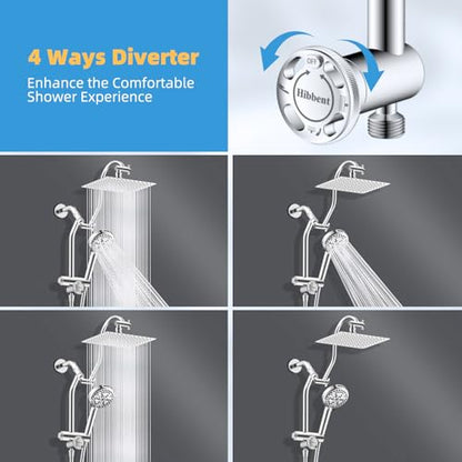 Hibbent All Metal 4 Way Shower Diverter with Showerhead Holder, Chrome | Easy Reach Diverter Valve with Pause Mode, 13.5" Stainless Steel Slide Bar, 4-Setting Replacement for Handheld & Fixed Shower - color: Chrome