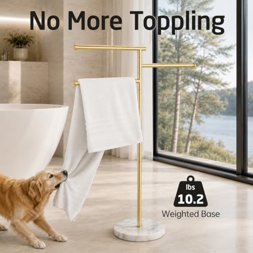 KES 40-Inch Freestanding Towel Rack with Weighted Marble Base, Brushed Gold | 10.2 Lb Natural Stone Base, 3 Swivel Arms, SUS304 Stainless Steel, Anti-Slip, Quick-Dry Design - color: Brushed Gold, size: 3 Arms