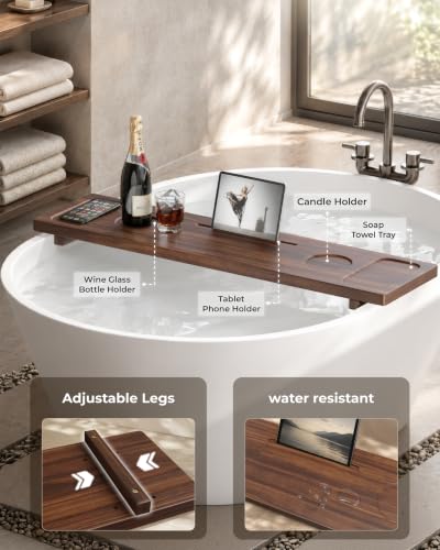 Acacia Wood Bathtub Caddy Tray 34.6" Adjustable Bath Tray for Tub | Bathtub Tray With Non-Slip Grip, Water-Resistant Wood & Stable Expandable Design Keeps Bath Essentials Secure & Within Reach - color: Walnut