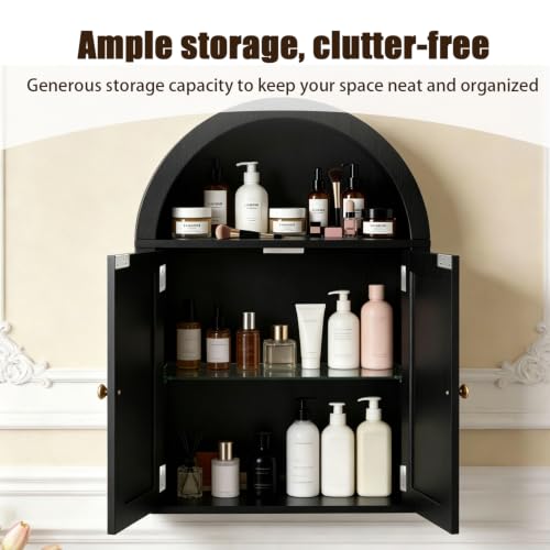 Bathroom Wall Cabinet with LED Light, Over The Toilet Storage Cabinet, Arched Bathroom Cabinet Wall Mount with 2 Doors & Adjustable Shelves, Above Bathroom Sink Cabinet for Laundry Kitchen (Black) - color: Black