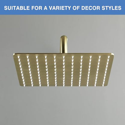 Solid Metal Large Rain Shower Head, Square High Flow Ceiling Rainfall Shower Head with Shower Arm and Flange, Reinforced Explosion-Proof Stainless Steel Construction (12-Inch, Brushed Gold) - color: Brushed Gold, size: 12 Inch