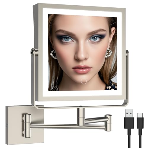 Ruacq Wall Mounted Makeup Mirror with Lights 1X/7X Brushed Nickel | 8",4000mAh Rechargeable,Magnification,3 Color,Touch Screen Dimmable,360° Rotation Extension Foldable Arm, Square, Women Gift - color: Brushed Nickel