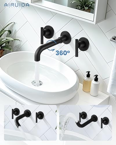 Airuida Wall Mounted Bathroom Sink Faucet,Matte Black Vanity Sink Faucet | Lever Handle,3 Holes,360° Widespread Swivel Spout,Rotatable Bathroom Faucet - color: Matte Black