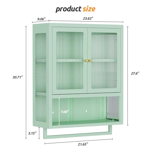 Bathroom Wall Cabinet with 2 Glass Door, Bathroom Medicine Cabinet with Towels Bar and Shelves, Over The Toilet Storage Cabinet, Metal Wall Mounted Cabinet for Laundry Room Kitchen (Green) - color: Green