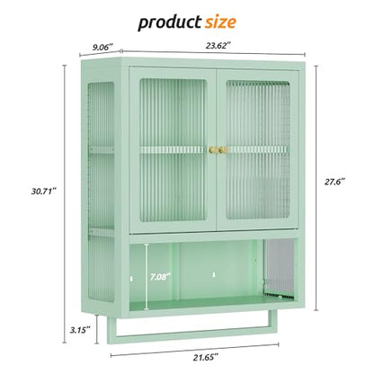 Bathroom Wall Cabinet with 2 Glass Door, Bathroom Medicine Cabinet with Towels Bar and Shelves, Over The Toilet Storage Cabinet, Metal Wall Mounted Cabinet for Laundry Room Kitchen (Green) - color: Green