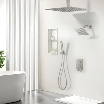 Rain Shower System 12" & 6" Dual Shower Heads Ceiling Shower Faucet Set | Ideal for bathroom remodels and upgrades with 12" rain shower, 6" angled shower, handheld spray and complete valve kit. - color: Brushed Nickel, size: Ceiling Mounted - 12"+6" Showe