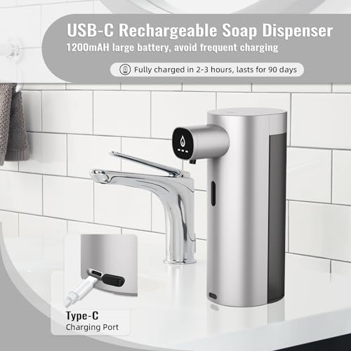 Automatic Liquid Soap Dispenser Touchless, USB Rechargeable Smart Hand Soap Dispenser, 13.5oz/400ml, 3-Level Adjustable, Compatible with Thick Thin Dish Soap for Bathroom Kitchen, Clog-Free (Silver) - color: Silver