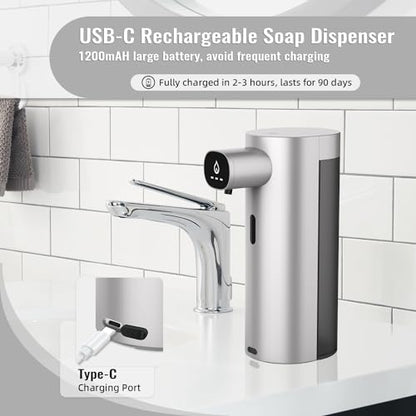 Automatic Liquid Soap Dispenser Touchless, USB Rechargeable Smart Hand Soap Dispenser, 13.5oz/400ml, 3-Level Adjustable, Compatible with Thick Thin Dish Soap for Bathroom Kitchen, Clog-Free (Silver) - color: Silver