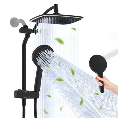 10" Black Rain Shower Head with Handheld, High Pressure Boosting Rainfall Showerhead with All Metal Adjustable Extension Arm, Easy Reach Shower Holder, 5 Spray Modes with Power Wash, Easy to Install - color: Matte Black