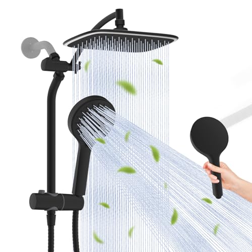 10" Black Rain Shower Head with Handheld, High Pressure Boosting Rainfall Showerhead with All Metal Adjustable Extension Arm, Easy Reach Shower Holder, 5 Spray Modes with Power Wash, Easy to Install - color: Matte Black