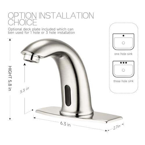 Touchless Bathroom Sink Faucet Automatic Motion Sensor Hands Free Fauce | Brushed nickel, with hole cover plate temperature mixer, commercial solid brass faucet, AC/DC powered, 1 hole or 3 hole - color: Brushed Nickel