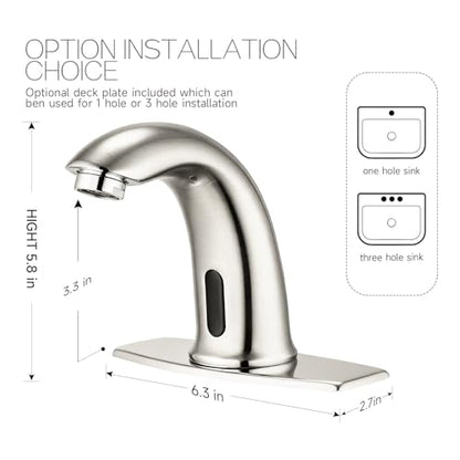 Touchless Bathroom Sink Faucet Automatic Motion Sensor Hands Free Fauce | Brushed nickel, with hole cover plate temperature mixer, commercial solid brass faucet, AC/DC powered, 1 hole or 3 hole - color: Brushed Nickel