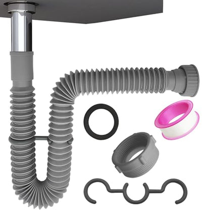 Flexible Expandable Bathroom P Trap, 1 1/4 to 1 1/2 Sink Drain Adapter Included, Wash Basin Rubber Tips Sink Drain Pipe, Universal Extension Tube for Kitchen Bathroom Sink Sewer Drain - color: Gray