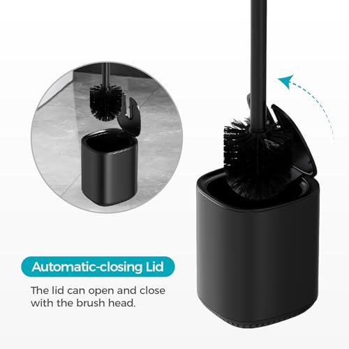 Toilet Brush and Holder Set Toilet Bowl Brush Stainless Steel Automatic Open lid Toilet Bowl Cleaner Brush with Durable Bristle Head Toilet Cleaning Brush for Bathroom - color: Black