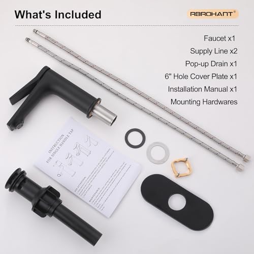 Rbrohant Single Hole Bathroom Faucet, Matte Black Single Handle Bathroom Sink Faucets for 1 Hole, Bathroom Vanity Faucet with Pop up Drain and Cover Plate, Deck Mount, R2001-MBP - color: Matte Black, style: With Escutcheon