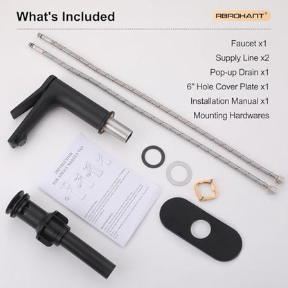 Rbrohant Single Hole Bathroom Faucet, Matte Black Single Handle Bathroom Sink Faucets for 1 Hole, Bathroom Vanity Faucet with Pop up Drain and Cover Plate, Deck Mount, R2001-MBP - color: Matte Black, style: With Escutcheon