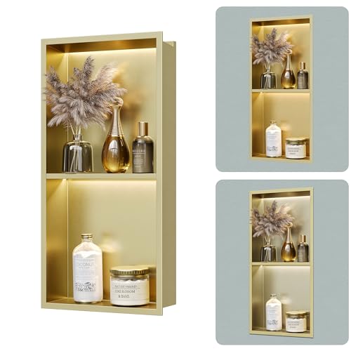 Gold 2-Tier 3 CCT LED Niche, 12"x24" No-Tile Shower Storage | shower niche with 3-Temperature LED Strip Light (4000K/6000K/3000K),Waterproof, Sturdy&Durable,304 Stainless Steel Wall Niche - color: Gold, size: 12X24In