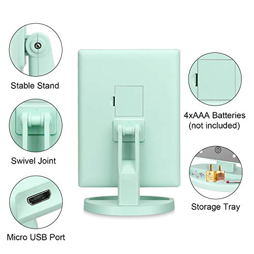 Tri-Fold Lighted Vanity Tabletop Mount Mirror with 21 LED Lights, Touch Screen and 3X/2X/1X Magnification, Two Power Supply Mode Make up Mirror,Travel Mirror - color: Green