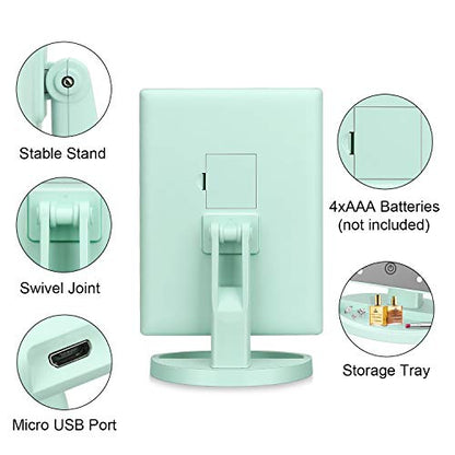 Tri-Fold Lighted Vanity Tabletop Mount Mirror with 21 LED Lights, Touch Screen and 3X/2X/1X Magnification, Two Power Supply Mode Make up Mirror,Travel Mirror - color: Green