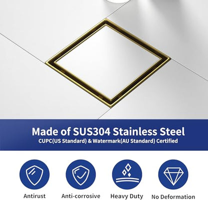Square Shower Drain, 304 Stainless Steel Floor Drain 4" | with Tiled Insert Grate & Hair Strainer, Bathroom 2-in-1 Tiled in Drain, CUPC Certified - color: Brushed Gold, size: 4''