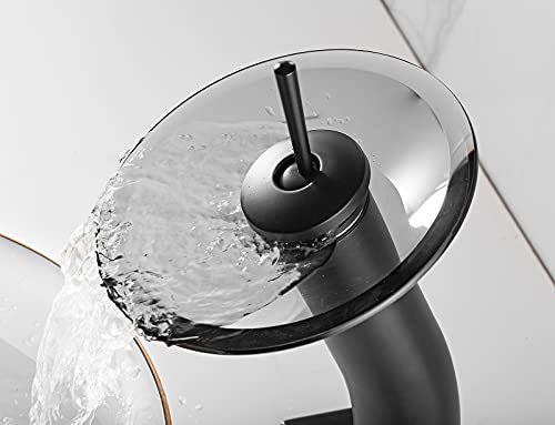 Waterfall Black Bathroom Vessel Faucet Glass Spout 360° Swivel Single Handle One Hole Solid Brass Bowl Faucet Bath Lavatory Vessel Sink Vanity Tall Body for Above Counter Sink | Bowl Sink Faucet Bath Lavatory Vessel Sink Vanity Tall Body for Above Counter