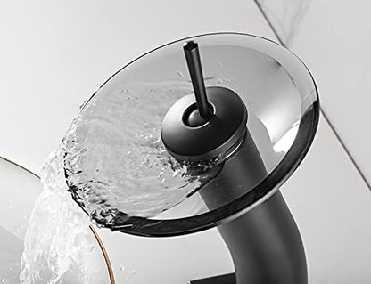 Waterfall Black Bathroom Vessel Faucet Glass Spout 360° Swivel Single Handle One Hole Solid Brass Bowl Faucet Bath Lavatory Vessel Sink Vanity Tall Body for Above Counter Sink | Bowl Sink Faucet Bath Lavatory Vessel Sink Vanity Tall Body for Above Counter