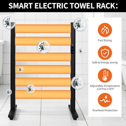 Towel Warmer Rack with 6 Widened Bars, Wall-Mounted Heated Towel Dryer with Timer, LED Display, 3 Temp Levels, Plug Overheat Protection, for Bathroom Spa Laundry (Matte Black) - color: Black