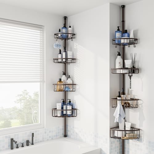 Corner Shower Caddy Tension Pole: Stainless Steel Rustproof 4-Tier Shower Organizer - 47-121 inch Adjustable Bathroom Shelves for Bathtub Shampoo Storage - Tension Rod Floor Standing Bath Rack -Bronze - style: A Style-Bronze