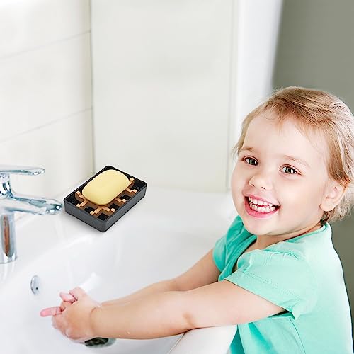 Bamboo Soap Dishes for Shower with Drainage Wooden Soap Bar Holder for Bathroom Soap Tray Easy to Clean, Durable and with Non-Slip Pads(Single Black Square) - color: Single Black Square