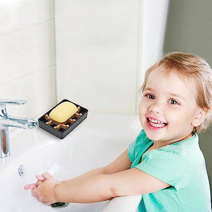 Bamboo Soap Dishes for Shower with Drainage Wooden Soap Bar Holder for Bathroom Soap Tray Easy to Clean, Durable and with Non-Slip Pads(Single Black Square) - color: Single Black Square
