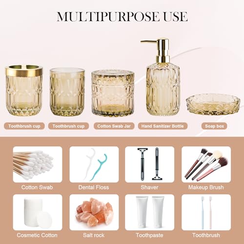 Bathroom Accessory Set 5 Pcs, Glass Bathroom Set Include Soap Dish, Toothbrush Holder, Mousewash Cup, Soap Dispenser, Cotton Swab Jar, Amber - color: Amber, style: 5 Pack