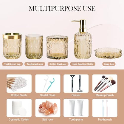 Bathroom Accessory Set 5 Pcs, Glass Bathroom Set Include Soap Dish, Toothbrush Holder, Mousewash Cup, Soap Dispenser, Cotton Swab Jar, Amber - color: Amber, style: 5 Pack