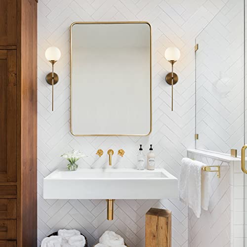 KCO MCM Brushed Gold Frosted White Milk Glass Globe Wall Sconces Set of 2 | Reversible Up/Down Mount, Long Vertical Rod, Brass Hardwired E26 Wall Light Fixture for Bedroom Bathroom Hallway Stairwell - color: White