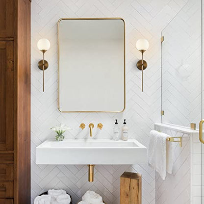 KCO MCM Brushed Gold Frosted White Milk Glass Globe Wall Sconces Set of 2 | Reversible Up/Down Mount, Long Vertical Rod, Brass Hardwired E26 Wall Light Fixture for Bedroom Bathroom Hallway Stairwell - color: White