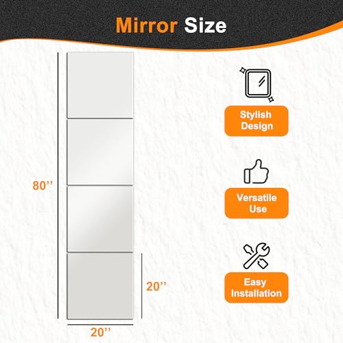 Frameless Mirror Tiles 20"x20"x4 Pcs Wall Mounted | Shatter Resistant, Full Length, Tempered Glass Panels, For Home Gym Bathroom Bedroom & Living Room Decor - size: 20''x20''-4PCS