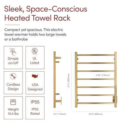 WarmlyYours Tahoe Heated Towel Rack, 7 Bars, Brushed Gold | Hardwired 120V heated towel rack for spa-like bathroom comfort, 427 BTU/hr, energy-efficient towel drying - color: Brushed Gold (7 Bars)