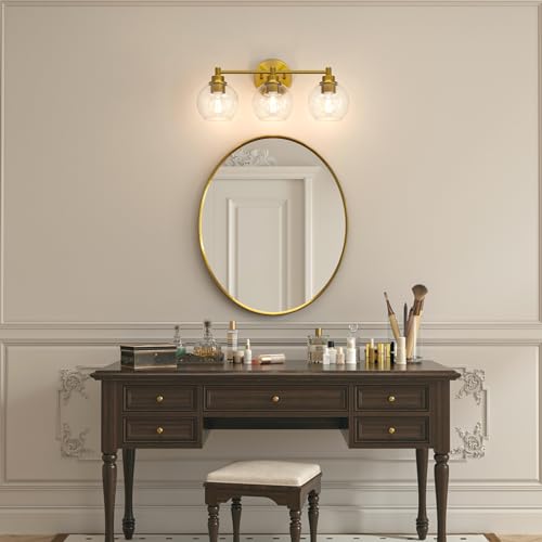 VONLUCE 3 Light Bathroom Vanity Light Fixtures, Gold Finish | Globe Glass Shades, E26 Sockets, Easy to install, Vanity Lights for Bedroom Hallway Living Room - color: Gold, size: 3-Light