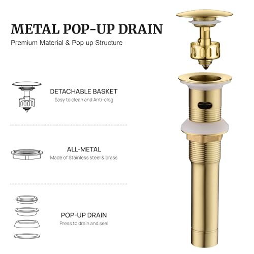 Pop up Sink Drain Stopper with Overflow Brushed Gold for Bathroom Vessel Vanity Sink Art Basin, Big Cap Sink Drain with Overflow, Metal Pop-up Drain Strainer with Detachable Basket Stopper - color: Gold Brushed, style: with overflow