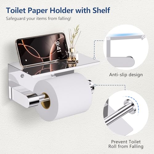 TQKAG 5 Piece Bathroom Towel Holder, Polished Chrome Bathroom Hardware Set | SUS304 Stainless Steel, 23.6" Toilet Paper Holder with Shelf, Towel Racks for Bathroom Wall Mounted, Towel Bars - color: Polished Chrome, size: 5-Pieces Set-A
