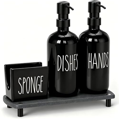 Cisily Black Soap Dispenser Set with Ceramics Sponge Holder, Kitchen Decor | Black Stainless Steel Pumps, Instant Dry Tray - color: Black Pump + Black Sponge Holder