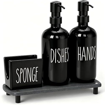 Cisily Black Soap Dispenser Set with Ceramics Sponge Holder, Kitchen Decor | Black Stainless Steel Pumps, Instant Dry Tray - color: Black Pump + Black Sponge Holder