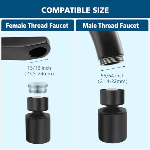 Swivel faucet aerator, 360° Swivel Kitchen Faucet Aerator, Dual-function 2-Flow Sprayer Faucet Head Replacement Kitchen Sink Faucet 55/64 inch Female Thread Faucet Extender (Matte Black-1) - color: Matte Black-1