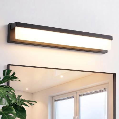 URSOLA LED Bathroom Vanity Light Fixture Over Mirror 24.4 inch Modern Rectangle Black Matte Metal Lighting Bar 4000K Daylight Wall Sconce (Black) - color: Black, size: 24inch