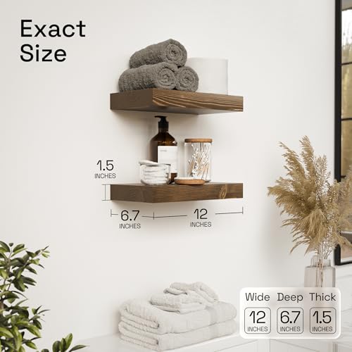 Solid Wood Floating Shelves for Wall 12 Inch Walnut, Small Wooden Shelf | Real Wood, Wall Mounted, Rustic, Bedroom Kitchen Bathroom Living Room, Walnut Finish, 12W x 6.7D, Set of 2 - color: Walnut, size: 12 Inch