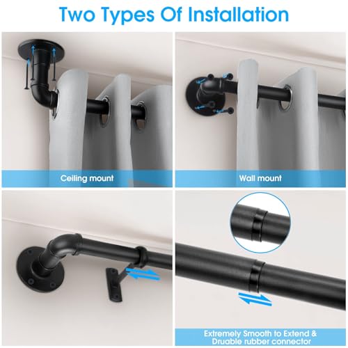 Industrial Curtain Rod, 1 Inch, Black, 30-120" with Brackets, Wall/Ceiling Mount, High Carbon Steel, Glossy Black Steel Finish - color: Black, size: 30-120"