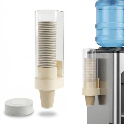 Cup Dispenser Wall Mounted, Large Capacity Bathroom Cup Holder for 4-6oz Cups, Dustproof Water Cooler Organizers with 50 Absorbent Coasters, Beige