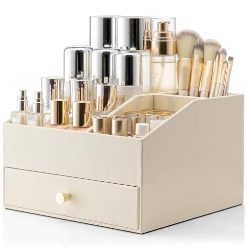 VLANDO 2-Layer Makeup Organizer with Drawers for Vanity,Beige | Wipe-Clean Pu Leather with Removable Lipstick Holder,Skincare Perfume Brushes Storage,Dorm Decor,Gift for Women - color: Beige, size: 2 Layer