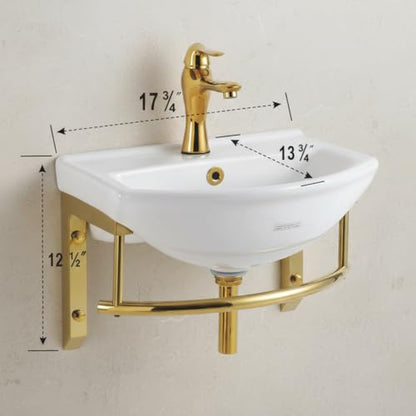 Renovators Supply Ridge 17 3/4 in. Wall Mount Bathroom Sink Combo Brass PVD | Grade A Vitreous China, Solid Brass Faucet, Pop Up Drain, Stainless Steel Towel Bar, Overflow - color: Brass