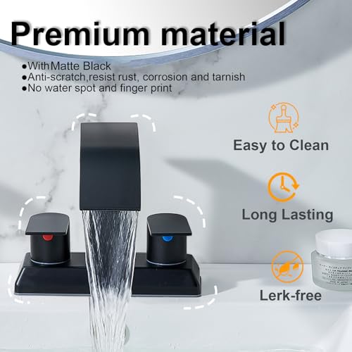 IKEBANA Modern 2 Handle Waterfall Bathroom Faucet, Matte Black, Stainless Steel, Lead-Free, 4 inches Centerset, Includes Pop Up Drain and Supply Hoses - color: Matte Black