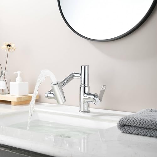 Rotatable Bathroom Sink Faucet with Temperature Display in Fahrenheit, Single Hole Chrome and 3 Outlet Modes Faucet, Battery-Free - color: Chrome-F